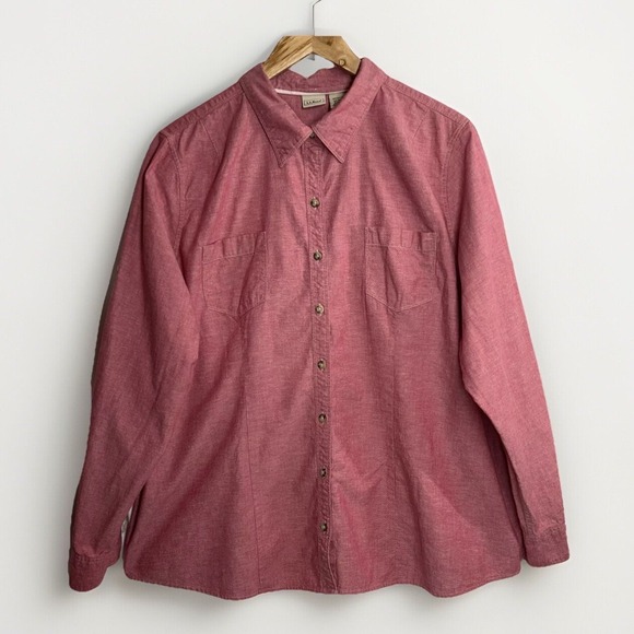 LL Bean Womens‎ 2X Sun Washed Red Cotton Long Sleeve Button Up Shirt Relaxed Fit - Picture 2 of 12
